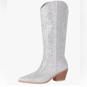 Embellished White Heeled Knee Boot